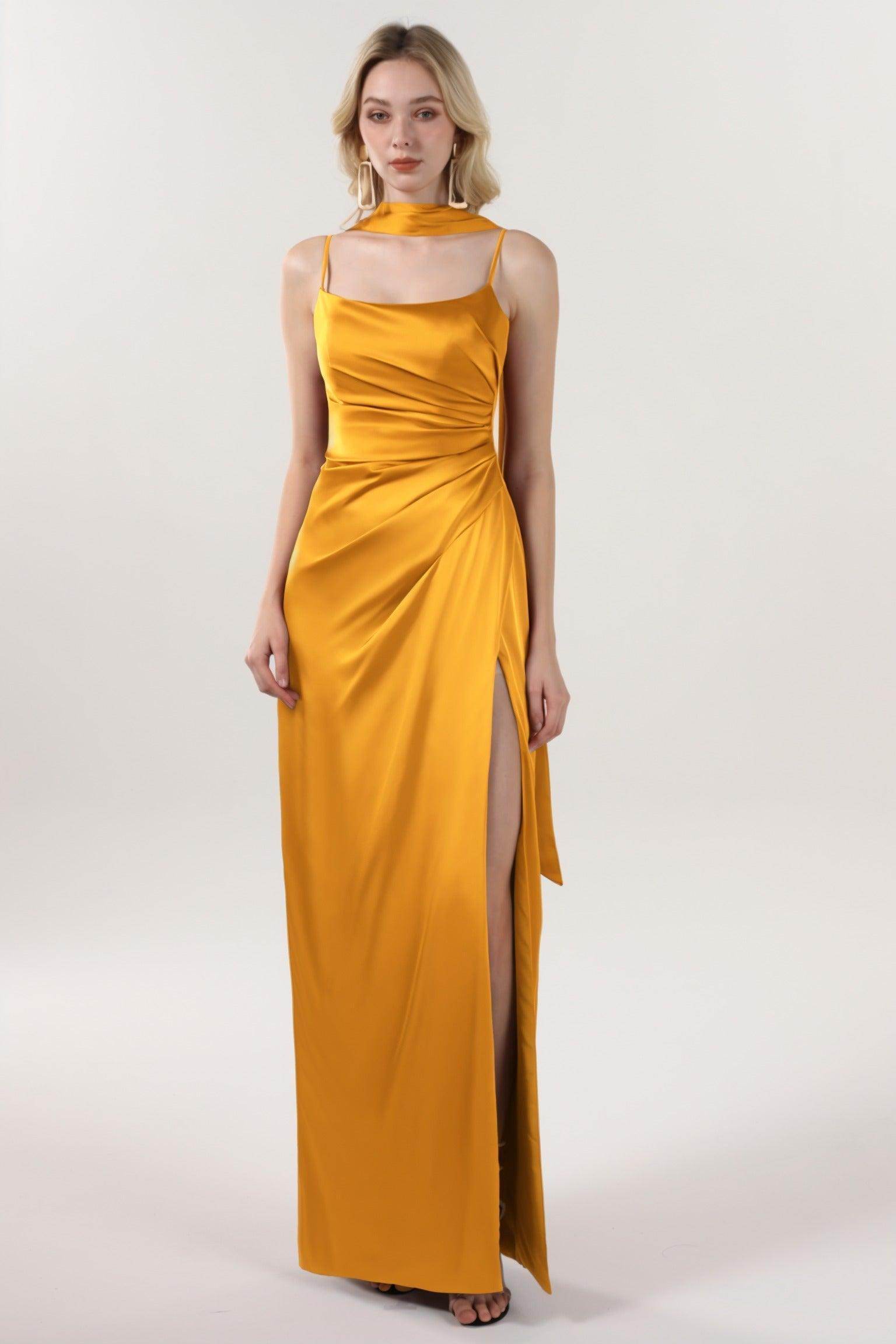 Sheath-Column Maxi Luxe Satin Bridesmaid Dress CS0599BM - COCOMELODY